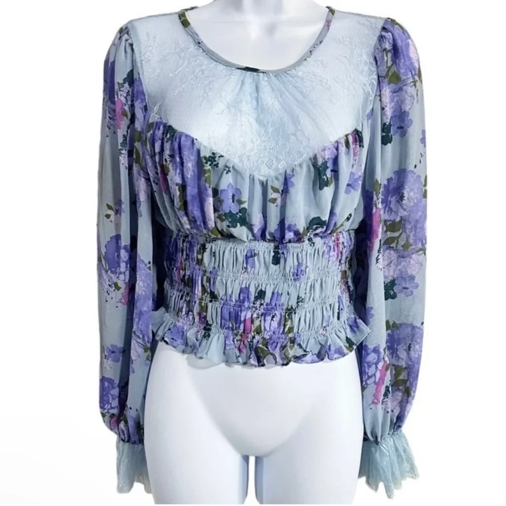 NWT $128R. Free People Daphne Smocked Lace Top